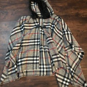 Plaid Poncho with Fur Lined Hood